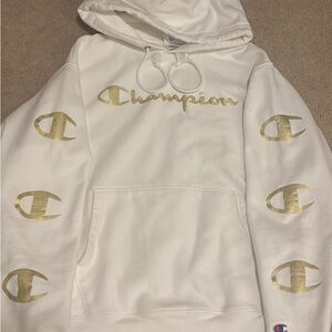 Champion Reverse Weave Script Logo Hoodie in white with gold lettering